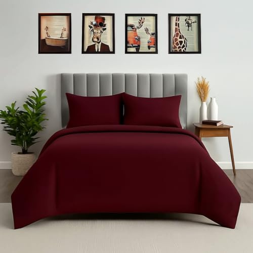 ARUUJ – Dark Burgundy Duvet Cover Double, Super Soft Bedding Set, 100% Brushed Microfibre Quilt, Duvet Cover With Pillowcases, Quilted Bedding Sets, Non Iron Comforter, Titch Button (135 x 190cm)