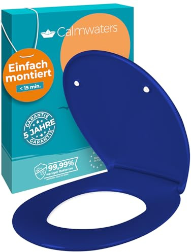 Calmwaters® Premium WC Sitz einfache Montage, Toilettendeckel bis 250 kg, Made in EU, antibakterieller Duroplast, Absenkautomatik, 2 Montage Optionen, abnehmbar, Klobrille, oval, Blau