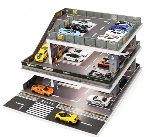 Display Case for Hot Wheels: Toy Car Garage Diorama with LED Lights, Freestanding 3-Level City Parking Lot Scene with Ramps for 1/64 Diecast Cars, Storage Display Stand Holds Up to 50+ Cars