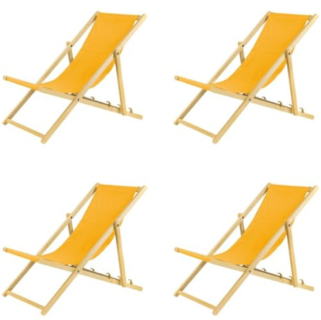 BAS Liegestuhl klappbar aus Holz - 4er Set gelb Leichte Klappliege - Faltbare & verstellbare Sonnenliege für Garten, Strand & Balkon - Gartenliege mit Atmungsaktiv Stoffbezug - Mischgewebe