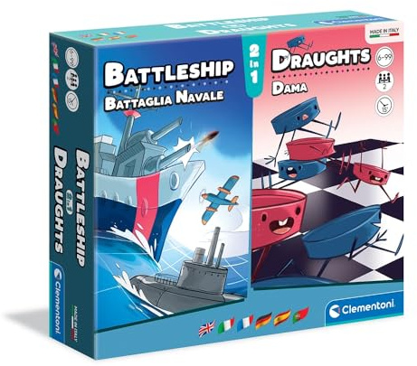 Clementoni - 16305 - 2 in 1: Schiffe versenken + Dame - Gesellschaftsspiel Kinder, Familienspiel Ab 6 Jahren