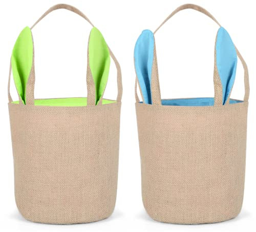 Wishstar Panier en Tissu de Pâques, Panier d'oreilles de Lapin, 2 paniers d'oreilles de Lapin de Pâques, Sac en Toile de Jute Panier d'oeufs de Pâques, Bleu et Vert