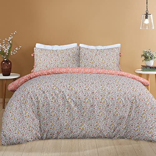 Sleepdown Ditsy Flowers - Juego de Funda de edredón de fácil Cuidado, diseño de Flores, Color Naranja y Blanco, matrimonio grande