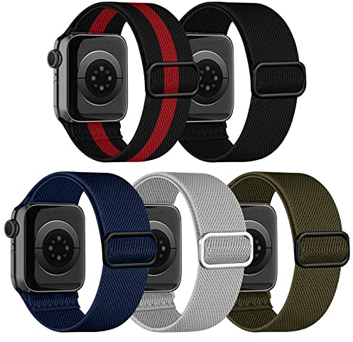 chinbersky 5-pack Solo Loop armband, kompatibelt med Apple Watch-armband, 45 mm, 44 mm, 42 mm, 41 mm, 40 mm, 38 mm, justerbart stretchigt nylon, sport, ersättning, män, kvinnor, armband för iWatch SE