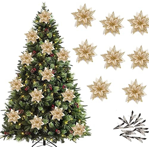 12 st julstjärna blomma konstgjord punktset med klämmor jul glitter julstjärna prydnader julgran blomdekorationer, gör-det-själv julkrans högtid fest dekor (guld)