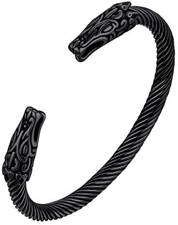 FaithHeart Pulsera Vikinga Negra Cabeza Lobo Acero Inoxidable 316L Hombre Brazalete Fino Animal Odin Edad Media Joyería Nórdica Mano Muñeca Regalo Reyes Padres
