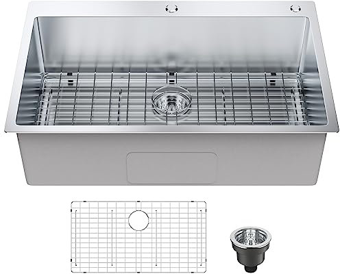 VEVOR 33 Kitchen Workstation, 304 Stainless Steel Top Mount, Built-in Single Bowl Farmhouse with Accessories, Home Dishwasher Sink, for RV, Prep Kitchen and Bar (Black) (Silver, 33IN)