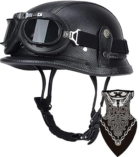 Motorcycle German Leather Half Face Helmet, DOT Approved Adult Men Women Cap Half Shell Helmet Open-Face Helmet with Adjustable Quick Release Buckle for Cruiser Scooter Chopper (A,2XL (61~62 CM))
