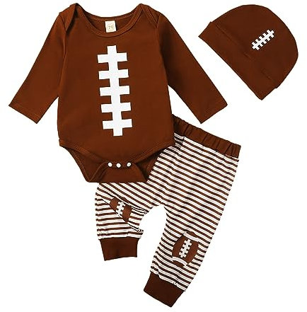 Baby Boy 3 Piece Outfit Football Print Long Sleeve Rompers and Elastic Striped Pants Beanie Hat Set Fall Spring Clothes (Brown, 3-6 Months)