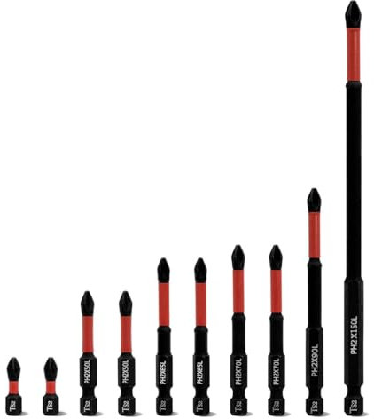 Meccion Phillips Screwdriver Bit Set 10Pcs Professional Cross Head PH2 Magnetic Impact Driver Bits, Length 25mm-150mm, 1/4 Hex Shank