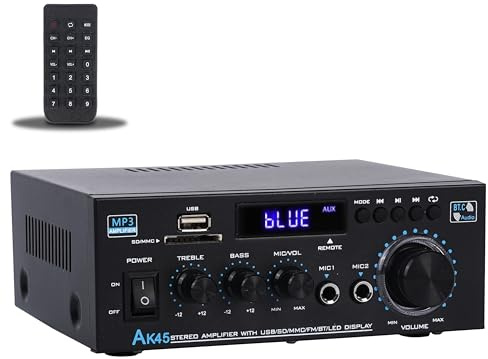 FLoveedio Bluetooth 5.0 förstärkare stereo hemmaljud förstärkare 300 Wx2 dubbel kanal högtalare förstärkare med FM-radio, USB, SD-kortingång för hemmabio ljud stereosystem med strömförsörjning och