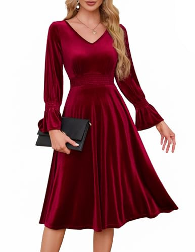 Meetjen Vestido midi de terciopelo para mujer, cuello en V, manga larga, cintura elástica, fruncido, elegante, vestido de fiesta de cóctel 2024, Rojo oscuro, Large