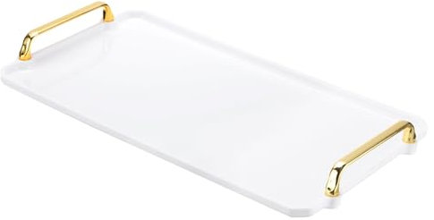 PATIKIL 16.1 x 8.7 Inches Plastic Serving Tray with Golden Handles, Reusable Tray Rectangular Party Platters for Dessert Coffee Tea Table, Living Room Kitchen Countertop, White