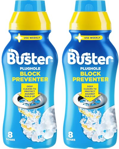 Buster Plughole Block Preventer and Drain Cleaner (Pack of 2 x 500ml) Prevents Blockages and Build-Up in Bathroom and Kitchen Pipes, Fast-Acting Drain Unblocker Removes Bad Odours - Made in UK