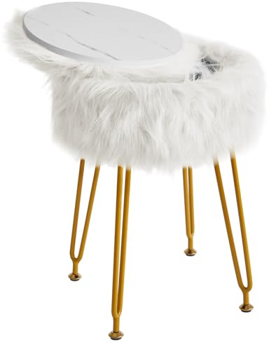 IBUYKE Faux Fur Vanity Stool with Storage, Makeup Chair, White WBD021W
