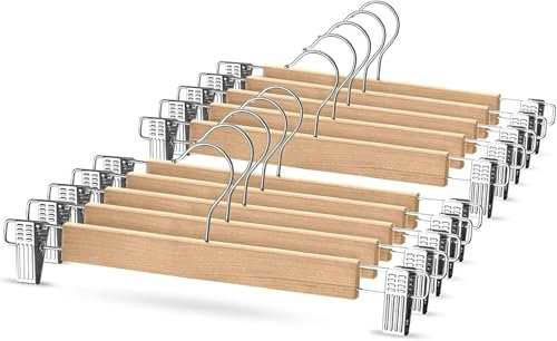 10 Pack High-Grade Wooden Trouser Hangers with Clips, Heavy Duty Wood Pant with Clamp, Non Slip Skirt Hangers with 360° Swivel Hook, Trousers for Skirts, Pants & Jeans (Natural)
