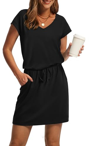 OFEEFAN Summer Dresses for Women V Neck Short Sleeve T Shirt Casual Mini Dresses Tie Waist with Pockets M Black
