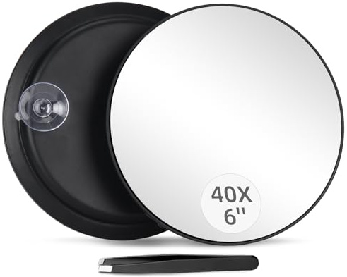 40X Magnifying Mirror with 3 Suction Cups, Magnified Makeup Mirror and Tweezers Set, Portable 6inch Travel Makeup Mirror with 40X Powerful+ Magnification for Makeup, Shaving, Blackhead Blemish Removal