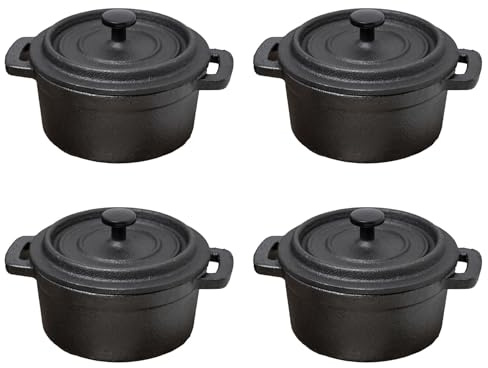 Set of 4 Cast Iron Mini Casserole Dishes with Lids | Individual Cocotte Dutch Ovens for Souffles Pies & Side Dishes | Black Metal Terrine Pots - 10cm