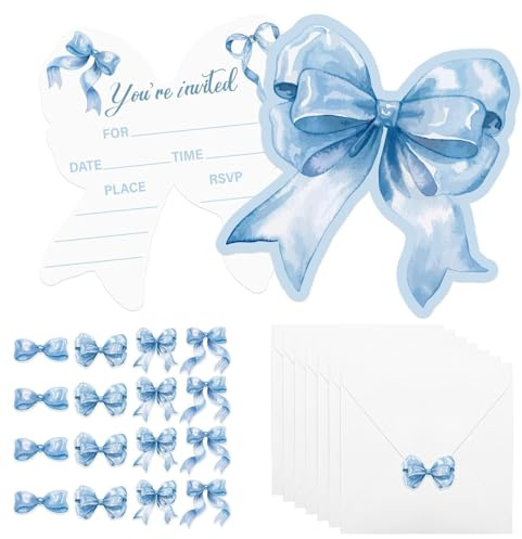 20 Sets Blue Bow Invitation Cards with Stickers and Envelopes for Bowknot Theme Birthday Party Baby Showers Weddings and Celebrations, 150 x 150 mm