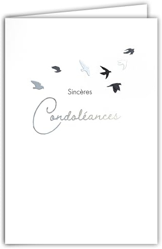 64-1098 Carte Sincères Condoléances Argenté Envol Oiseaux Colombes Paix Illustration Fine et Délicate sur Papier Mat pour écriture intérieur Avec Enveloppe Blanche Format 12x17,5cm Fabriqué en France