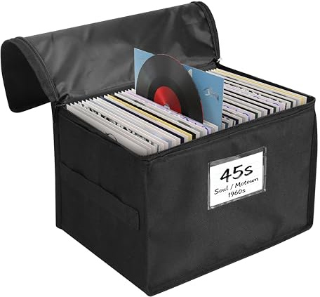 Bonnary Vinyl Record Storage Box, Waterproof Organizer Storage with Lid & Handles for 60 (7-inch) Single Records, Foldable Organizer for Valuable Album Collection