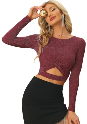 Allegra K Disfraz de Navidad para Mujer Blusas con Purpurina Twist Manga Larga Recortada en la Parte Delantera Slim Fit Crop Top borgoña S