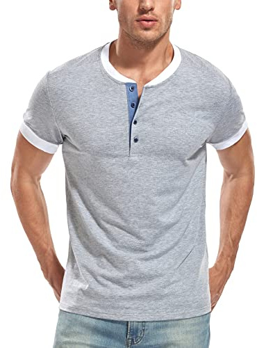 WAZZAP Henley T-Shirt à Manches Courtes Bouton Col Tunisien Slim Fit pour Homme Tee Shirt