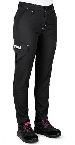 Black Hammer Womens Cargo Work Trousers Multi Pockets Elastic Waist Heavy Duty Triple Stitched Reinforcing Stress Point Endure Workwear (Size 14, 30 Leg) Black
