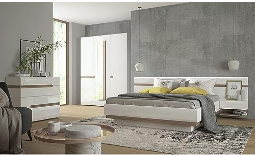 Lomadox Schlafzimmer Komplett Set mit 160cm Bett und 3-türigem Kleiderschrank, weiß Hochglanz mit Trüffel Eiche Nb.,