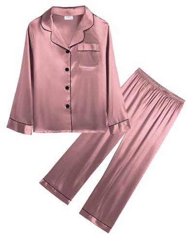 SWOMOG Kids Girls Silk Pyjamas Boys Long Sleeve Satin PJs Sets Button-Down Silky Nightwear Misty Rose 12-13 Years