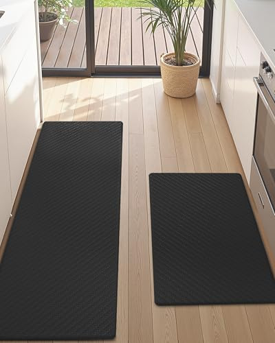 COLOR&GEOMETRY 2 piece Anti Fatigue Kitchen Mat Set, 10mm Thick Memory Foam Kitchen Rug, Non Slip Waterproof Runner，Soft Standing Mat, 44x75cm+44x150cm, Black