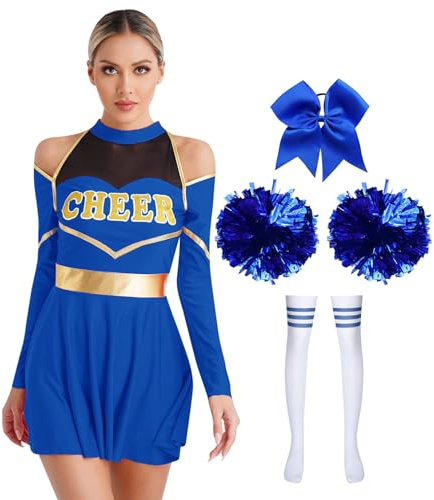 inlzdz Costume de Pom-pom Girl Uniforme Cheerleading Déguisement Carnaval Robe Plisée & Élastiques Cheveux & Pompon Femme S-XXL B Bleu Royal-a L
