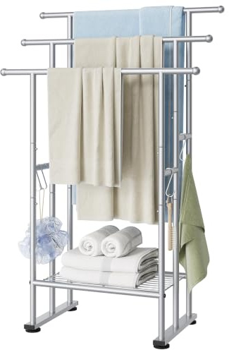 ELYKEN 3 Tier Standing Towel Rack, 40'' Tall Towel Drying Rack Outdoor, Freestanding Floor Towel Rack with Shelf, Pool Towel Blanket Stand, Metal Towel Racks for Bathroom freestanding, Smooth Silver