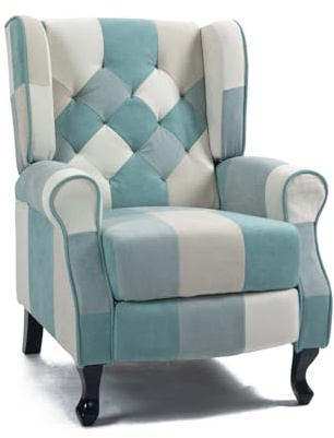 WeHome - Poltrona Relax Reclinabile Con Seduta Ergonomica In Tessuto, Poltrona Letto, Schienale Regolabile, Poltrona Reclinabile Per Arredo Salotto, Soggiorno e Ufficio (Patchwork, Patchwork Azzurra)