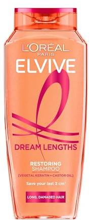 L'Oréal Paris Elvive Dream Lengths Restoring Shampoo, Vegetal Keratin & Castor Oil, Repairs Fragile Long Hair, Seals Split Ends, for Stronger, Longer Hair, All Hair Types, 400ml