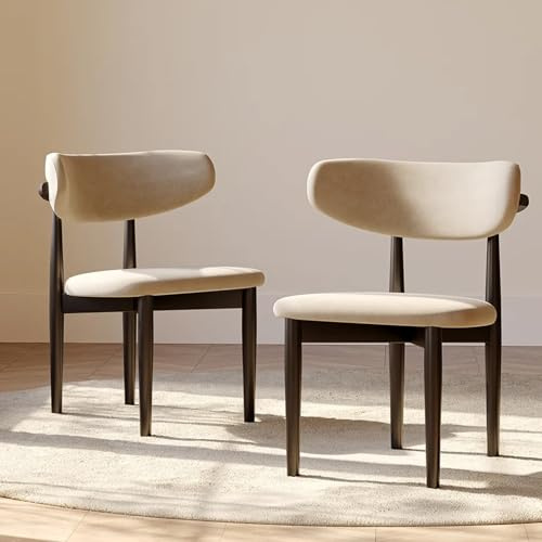 POVISON Modern Dining Chairs Set of 2, Armless Black Dining Chair with Sackcloth Cushions and Dark Walnut-Coloured Ash Wood, Pre-Assembled Design