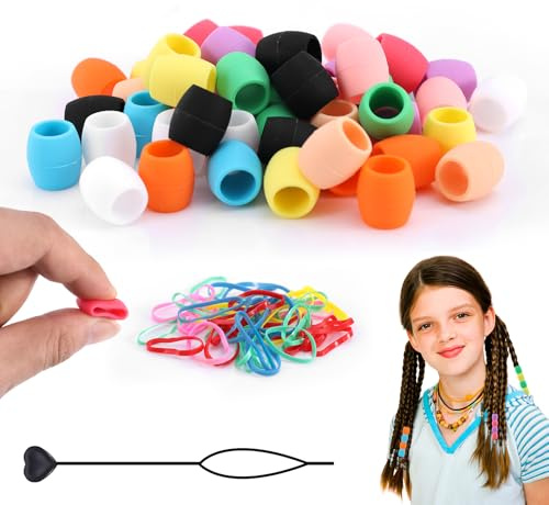 50 Stück Silikon Haarperlen, Weich Bunt Haarperlen für Zöpfe Ponyperlen mit Gummibändern und Perlennadel für Kinder Mädchen Frauen Haar-Accessoires