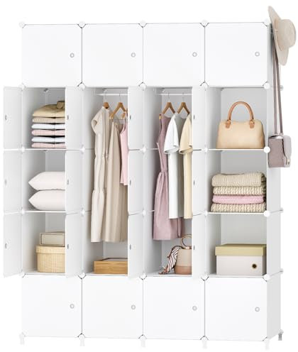 HOOBRO Kleiderschrank, Garderobenschrank, Modularer Kunststoffschrank mit 20 Würfel, Steckregalsystem mit Türen und Kleiderstange, 2 Hakenreihen, 145 x 46,5 x 183 cm, Weiß EWT45LY01N1