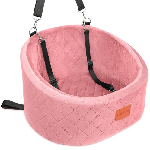 Lealchum Dog Car Seat for Small Dogs Up to 30 Lbs,Ultra Soft Fabric Fill in Comfy Memory Foam,Happy Pet Ride,2 Safety Dog Leashes,Fully Detachable and Washable,Anti Slip Base(Pink)
