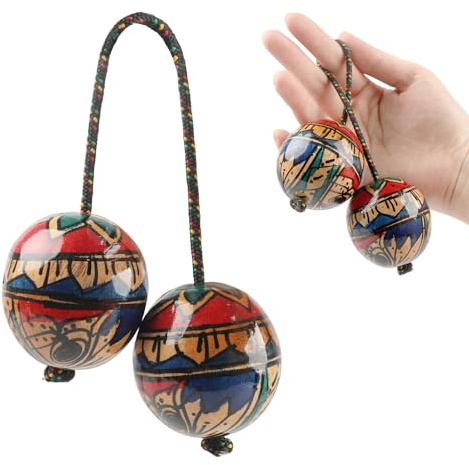 GOGHOST 1 Pack Wooden Hand-Painted Kashaka Shaker, Asalato Instrument Rhythmic Ball, Adjustable Length African Shakers, Traditional Aslatuas Double Balls Hand Percussion for Performances