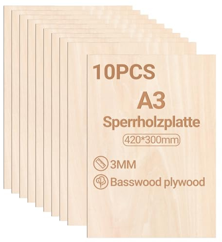 Jiubiaz Plywoodskiva 3 mm, 420 x 300 mm, 10 stycken lindträskiva, tillskurna efter pysselträ, för modelltillverkning, laserskott, laser, gravyr, trä, bränning, målning, gör-det-själv, oljemålning