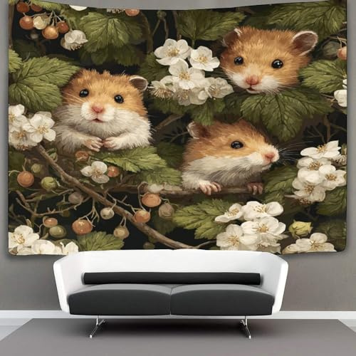 kaiyun Cute Hamster Tapestry Wall Hanging,Gooseberry Bushes White Flowers for Bedroom Decor Birthday Party Celebration Or Garden Backdrop 70cmx100cm