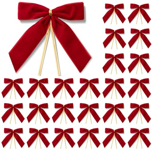 MORSUNBELA Fiocchi in Velluto Rosso Regalo Vintage per Compleanno Matrimonio Natale Albero di Natale Decorativi,25 Pezzi