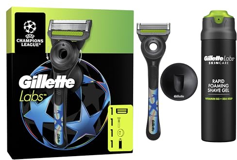 Gillette Labs Rasierer Herren Nass, UEFA Champions League Special Edition — Inkl. 1 Gillette Nassrasierer, 1 Ersatzklinge, 1 Handstück mit Wandhalterung für Einfache Lagerung und Labs Rasiergel 198 ml