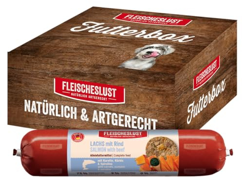 Fleischeslust Salsiccia per cani, salmone e manzo con carota, zucca e spirulina, mangime umido (6 x 800 g), resistente al taglio, senza cereali, alimento completo per cani