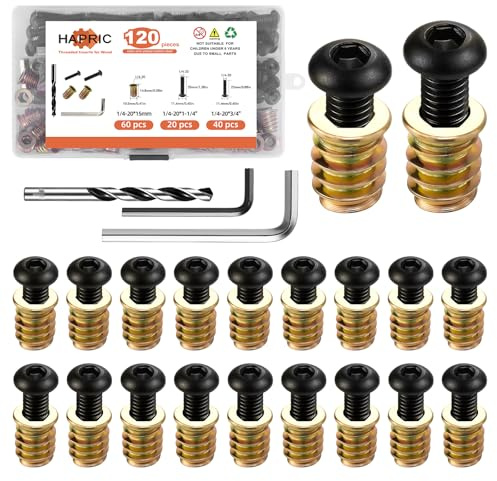 Hapric 120 Pcs 60 Sets 1/4-20 x 15mm Threaded Inserts for Wood Furniture Screw Threaded Wood Inserts 1/4-20 x 3/4, 1/4-20 x 1-1/4 Bolts and Nuts