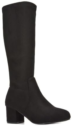 ESSEX GLAM Women's Heeled Long Boots Ladies Low Mid Block Heel Stretch Black Faux Suede Knee High Boots Size 6