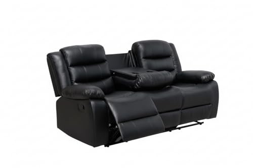 AI Leather Recliner Sofa Set with Cup Holders – 3+2 Seater – Leather Sofa – Manual Recliner Sofa (Black, 3 Seater) | Recliner Sofa Set
