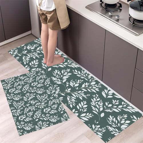MLSOWM Tappeto da Cucina Antiscivolo Lavabile Stampa A Foglia Salice Tappeto Passatoia Cucina Rami E Foglie Semplici Tappetini Comodi per Lavandino e Fornelli, 50x80cm+50x150cm Verde Scuro
